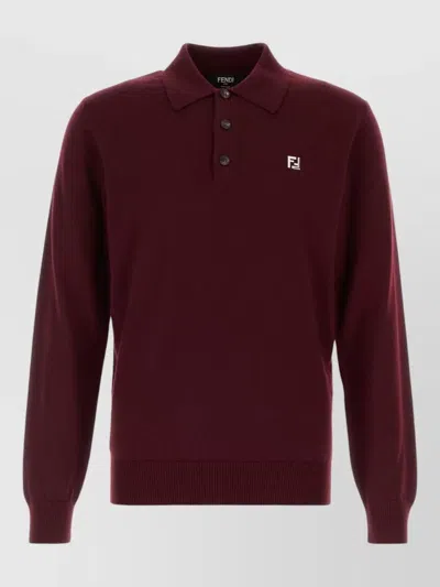 Fendi Stretch Wool Polo Shirt Ribbed Cuffs In Burgundy