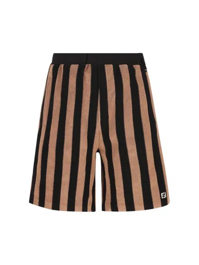 Fendi Pequin Striped Terry Bermuda Shorts In Brown