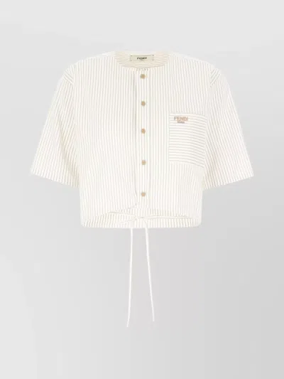Fendi Striped Drawstring Hem Top With Chest Pocket In White
