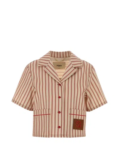 Fendi Striped Embroidered Denim Shirt In Brown