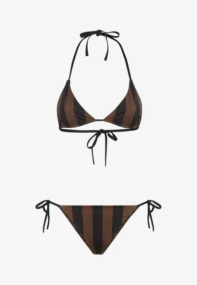 Fendi Striped Halterneck Bikini In Brown