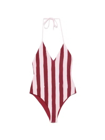 Fendi Striped Halterneck Swimsuit In Red