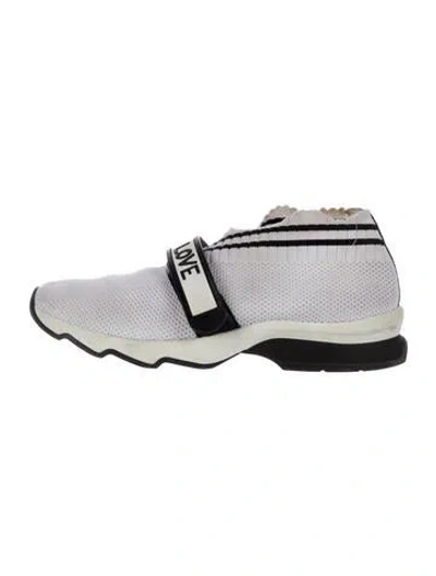 Pre-owned Fendi Striped Leather Trim Embellishment Sock Sneakers In Gray