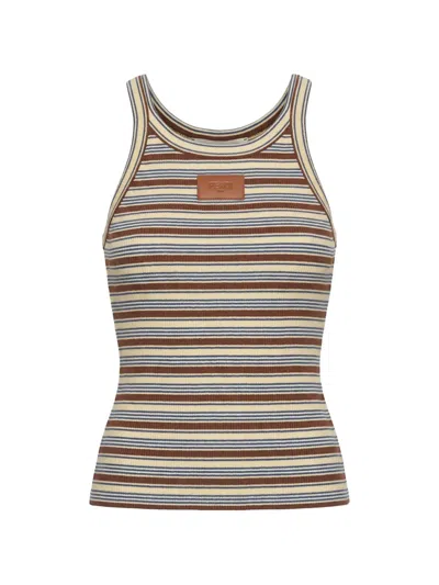 Fendi Rib Knit Cotton Top In Size S With Striped Motif In Yellow