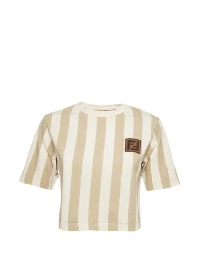 Pre-owned Fendi Striped Logo-patch T-shirt In Neutrals