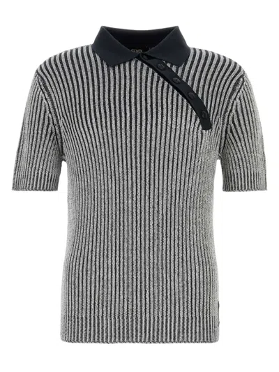Fendi Polo In Misto Viscosa Stretch Ricamata  Uomo In Stripped