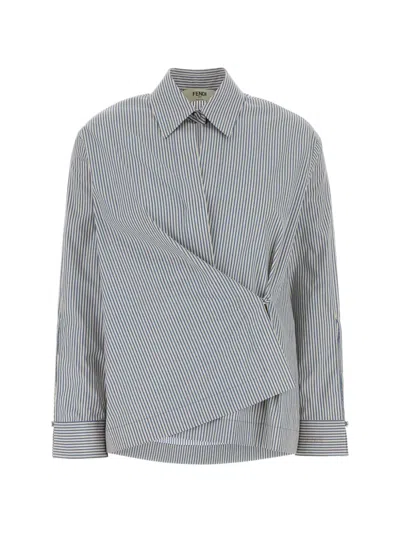 Fendi Striped Long-sleeved Asymmetric Shirt In Silver