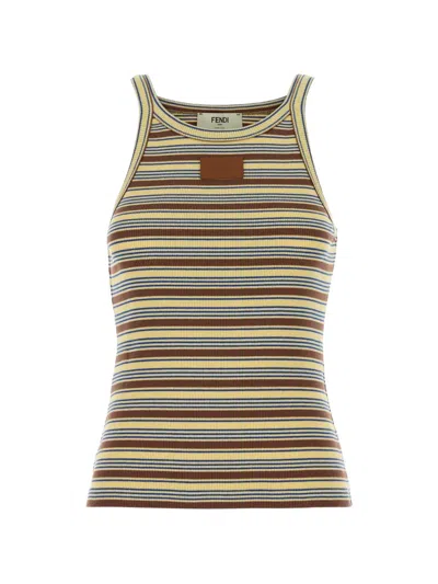 Fendi Rib Knit Cotton Top In Size S With Striped Motif In Yellow