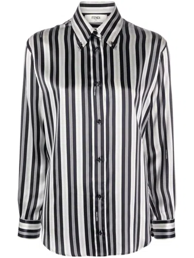 Fendi Striped Silk Shirt For Women In Black