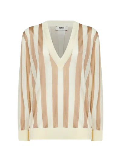 Fendi Striped Sweater In Brown