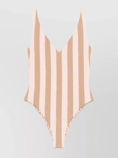 Fendi Striped Swimsuit High-cut Leg In Beige