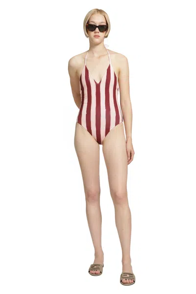 Fendi High-leg Standalone Dress With V-neck And Self-ties In Burgundy