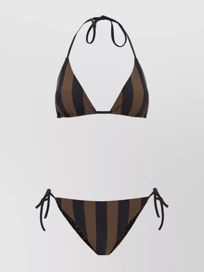 Fendi Striped Triangle Bikini Halterneck Tie In Brown