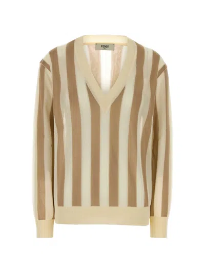 Fendi Embroidered Silk Blend Sweater In Nude