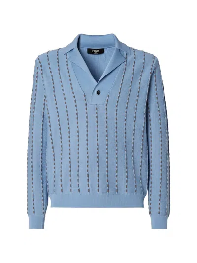 Fendi Striped Knit Polo Long Sleeves Ribbed Trim In Blue