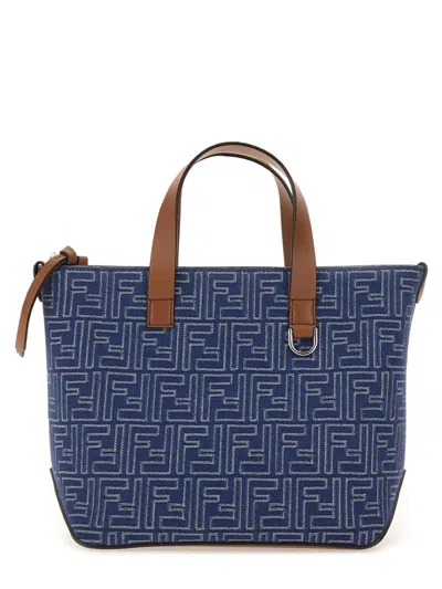 Fendi Structured Cotton Ff Shopping Bag With Leather Accents In Gray