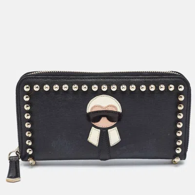 Pre-owned Fendi Studded Karlito Black Leather Continental Wallet