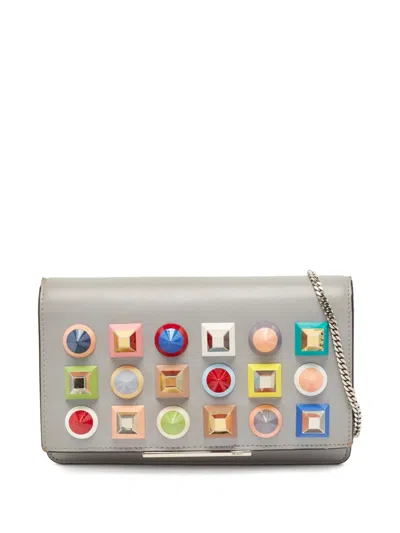 Pre-owned Fendi Studded Leather Clutch In Gray
