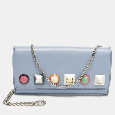 Pre-owned Fendi Studded Light Blue Leather Wallet On Chain