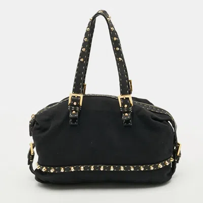 Pre-owned Fendi Studded Selleria Leather And Canvas Bag In Black