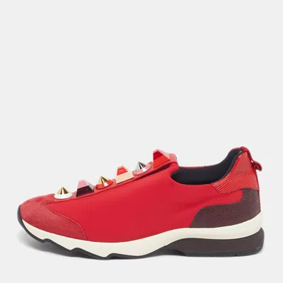 Pre-owned Fendi Studded Size 38 Red Neoprene Suede Slip On Sneakers