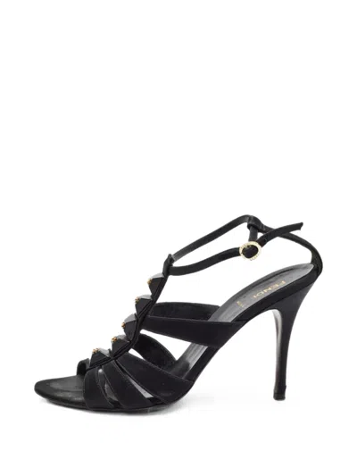Pre-owned Fendi Studded-embellished T-strap Sandals In Black