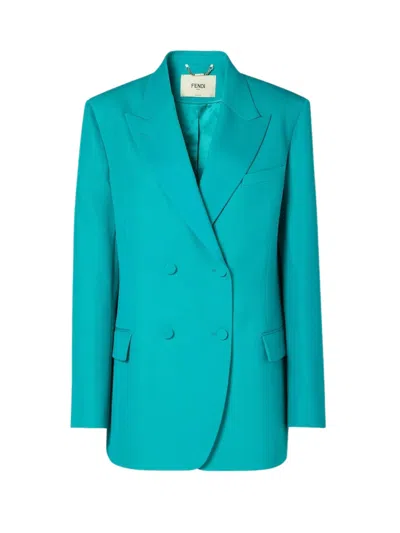 Fendi Stylish Double-breasted Mini Wool Blazer With Long Sleeves In Light Blue
