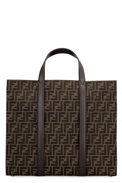 Fendi Stylish Men's Jacquard Tote Handbag In Brown With Ff Logo And Silver-tone Hardware