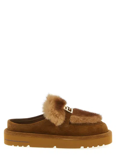 Fendi Suede And Fur Sabots In Brown