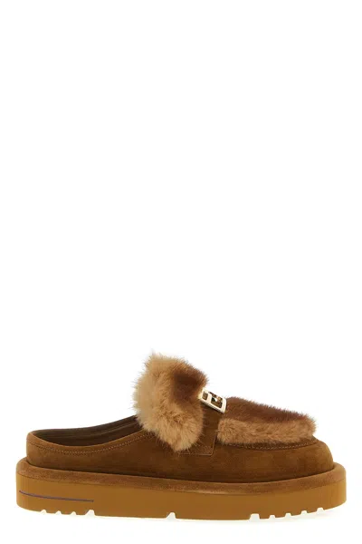 FENDI SUEDE AND FUR SABOTS