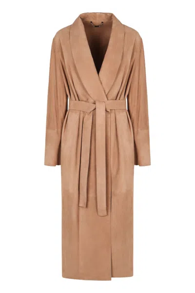 Fendi Suede Coat In Brown