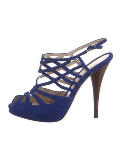 Pre-owned Fendi Suede Cutout Accent Mules In Blue