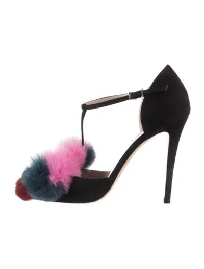 Pre-owned Fendi Suede Fur Trim T-strap Pumps In Black