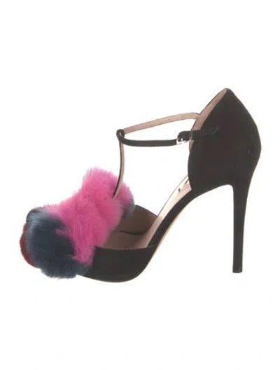 Pre-owned Fendi Suede Fur Trim T-strap Pumps In Black
