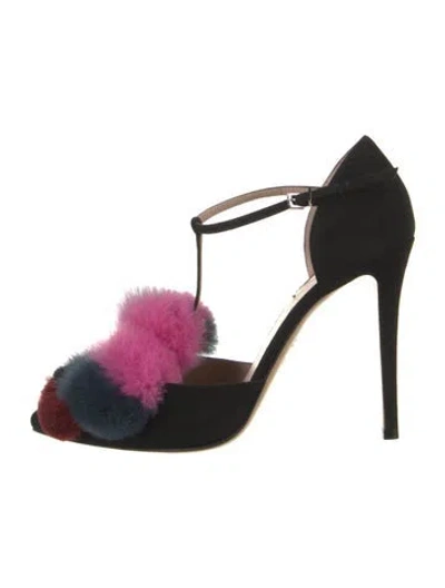 Pre-owned Fendi Suede Fur Trim T-strap Pumps In Black
