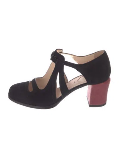 Pre-owned Fendi Suede Lasercut Accents T-strap Pumps In Black