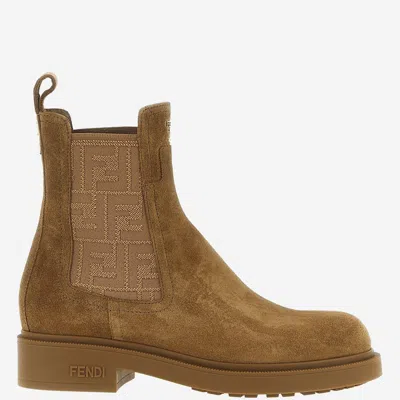 Fendi Suede Leather Ankle Boot In Brown