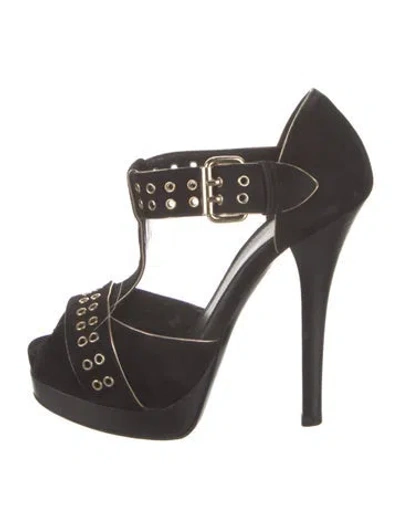 Pre-owned Fendi Suede Leather Trim Embellishment T-strap Pumps In Black