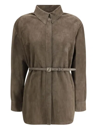 Fendi Longline Collared Shirt Belted Waist In Green