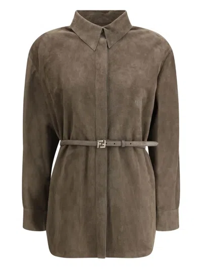 Fendi Taupe Suede Overshirt With Belt In Brown