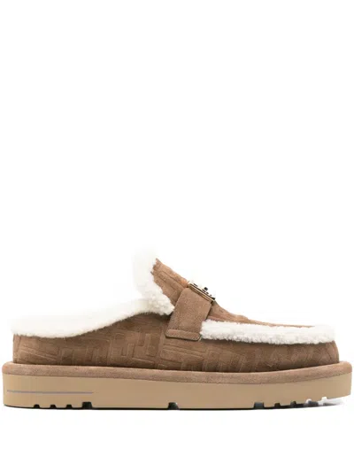 Fendi Women Beige Mules With Logo Lettering On The Rear And Ff Buckle In Suede Woman In Multi