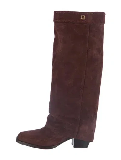 Pre-owned Fendi Suede Whipstitch Trim Slouch Boots In Burgundy
