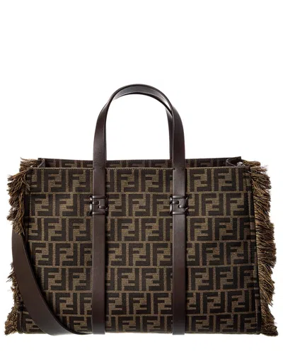Fendi Summer Ff Jacquard & Leather Tote In Brown