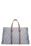 Fendi Summer Tote Ff Jacquard Fabric Shoulder Bag With Fringes In Blue