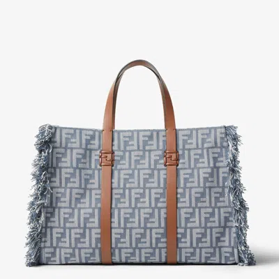 Fendi Summer Tote Bag In Blue Denim-effect Ff Jacquard