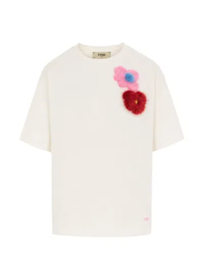 Fendi Jersey T-shirt With Sunny Side Flowers Mink Brooches In Multi