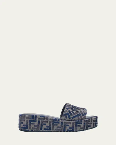 Fendi Sunshine Ff Chenille Jacquard Platform Sandals In Blue