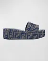 Fendi Sunshine Logo Jacquard Platform Slide Sandal In Grigio Blu Blue