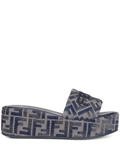 Fendi Ff Jacquard Denim Sandals In Grigioblue