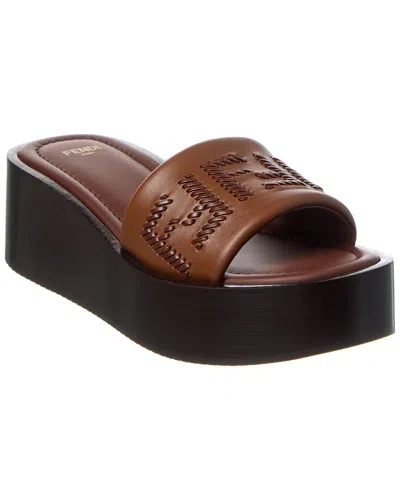 Fendi Women Brown Slides With Wedge Heel And Ff Motiv On The Band In Leather Man
